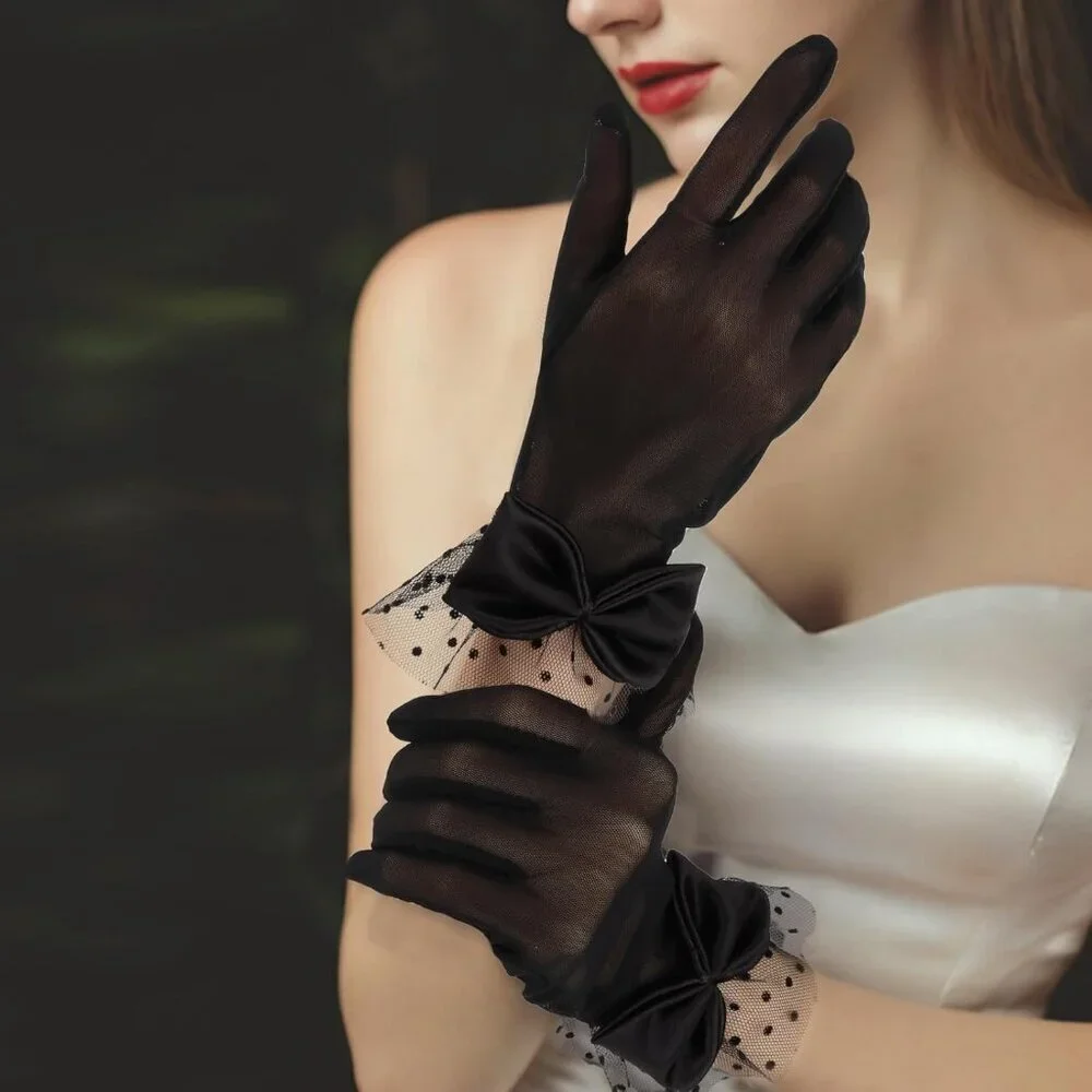 Women's Black Bow Short Lace Veil Feather Derby Tea Party Elegant Gloves Styles